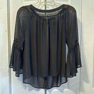 Sheer Black Cover Blouse 3/4 Length Sleeve With Lace Size Medium